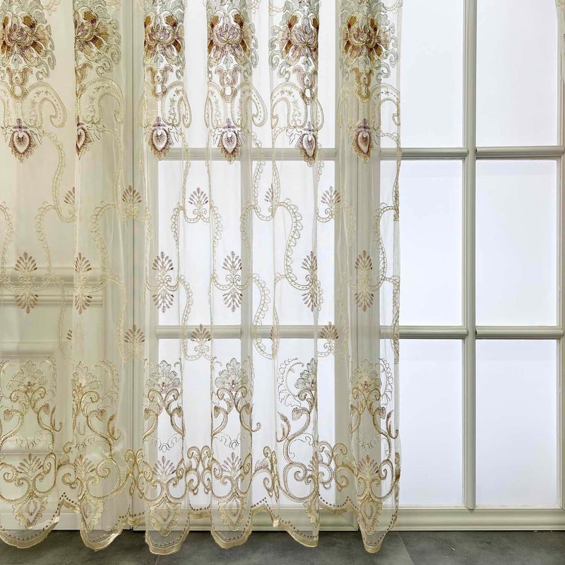 WPKIRA Exquisite European Embroidered Floral Sheer Curtains Rod Pocket Transparent Voile Window Treatment Drapes for Living Room/Hall/Villa Room Decoration Tulle Curtain 1 Panel W40 x L84 inch - Image 4